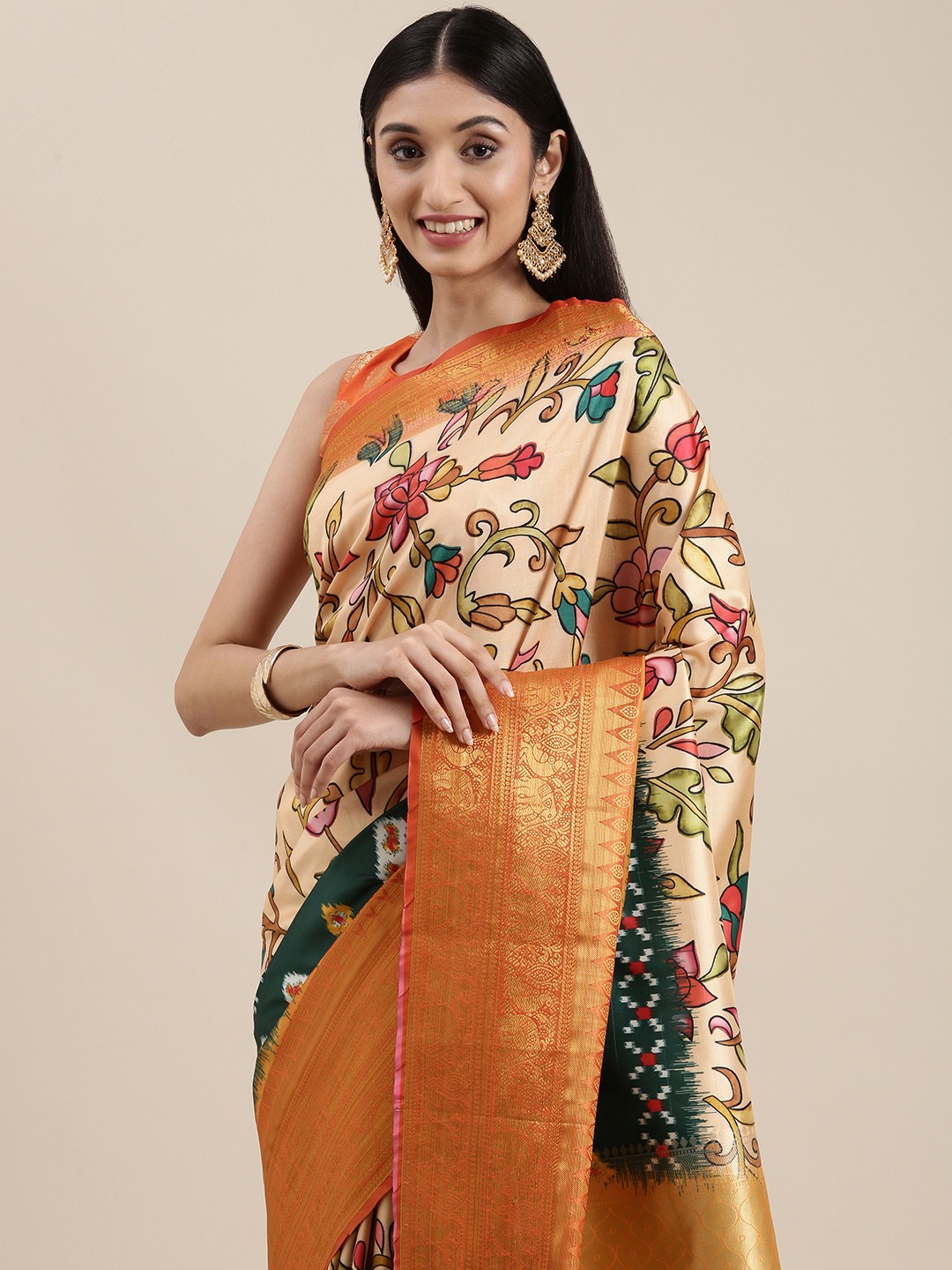 

VASTRANAND Cream-Coloured & Mustard Yellow Ethnic Motifs Zari Silk Blend Kanjeevaram Saree