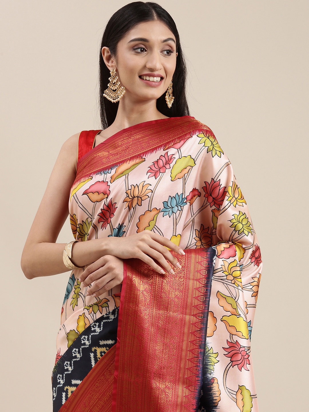 

VASTRANAND Pink & Navy Blue Ethnic Motifs Zari Silk Blend Kanjeevaram Saree