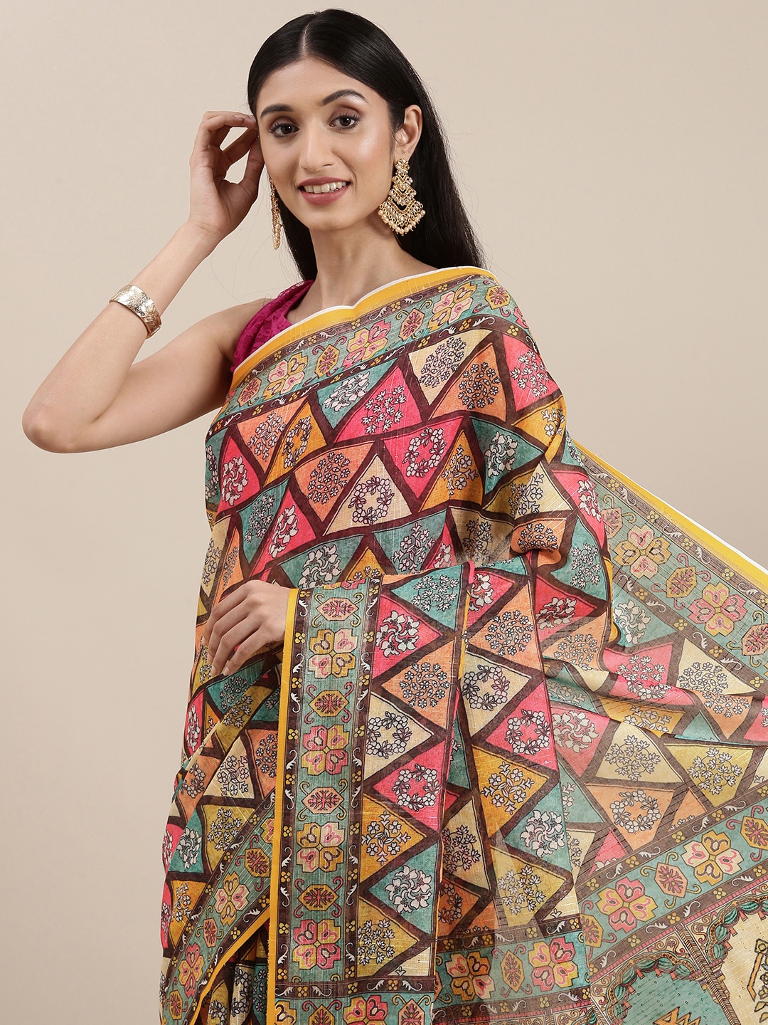 

VASTRANAND Coffee Brown & Pink Linen Blend Block Print Saree