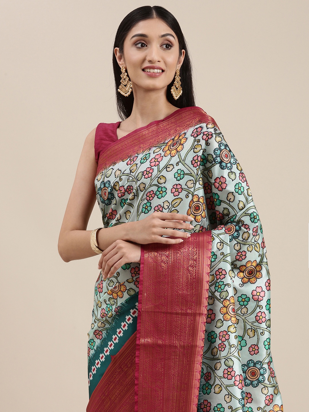 

VASTRANAND Blue & Maroon Ethnic Motifs Zari Silk Blend Kanjeevaram Saree