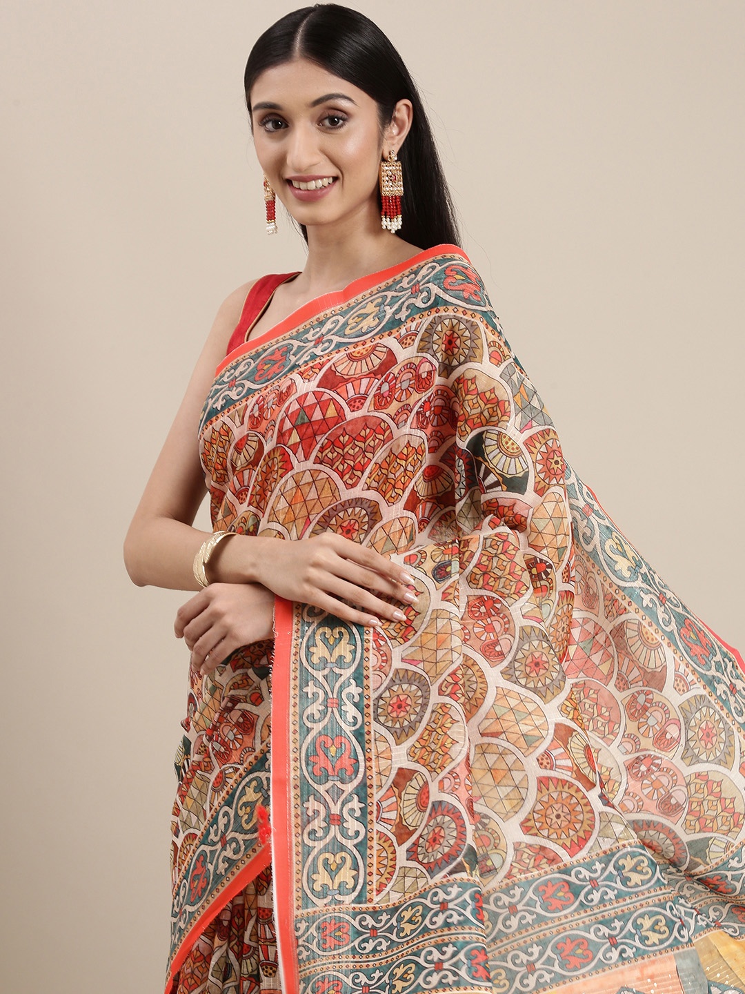 

VASTRANAND Beige & Red Ethnic Motifs Linen Blend Block Print Saree