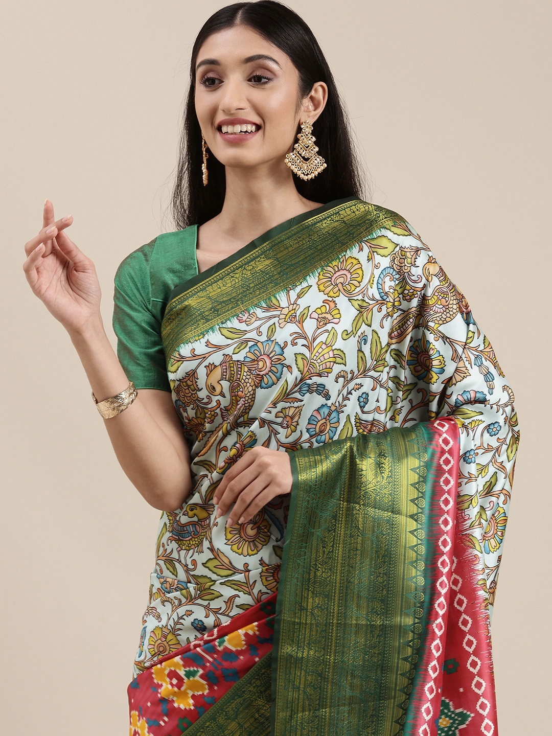 

VASTRANAND Blue & Green Ethnic Motifs Zari Silk Blend Kanjeevaram Saree