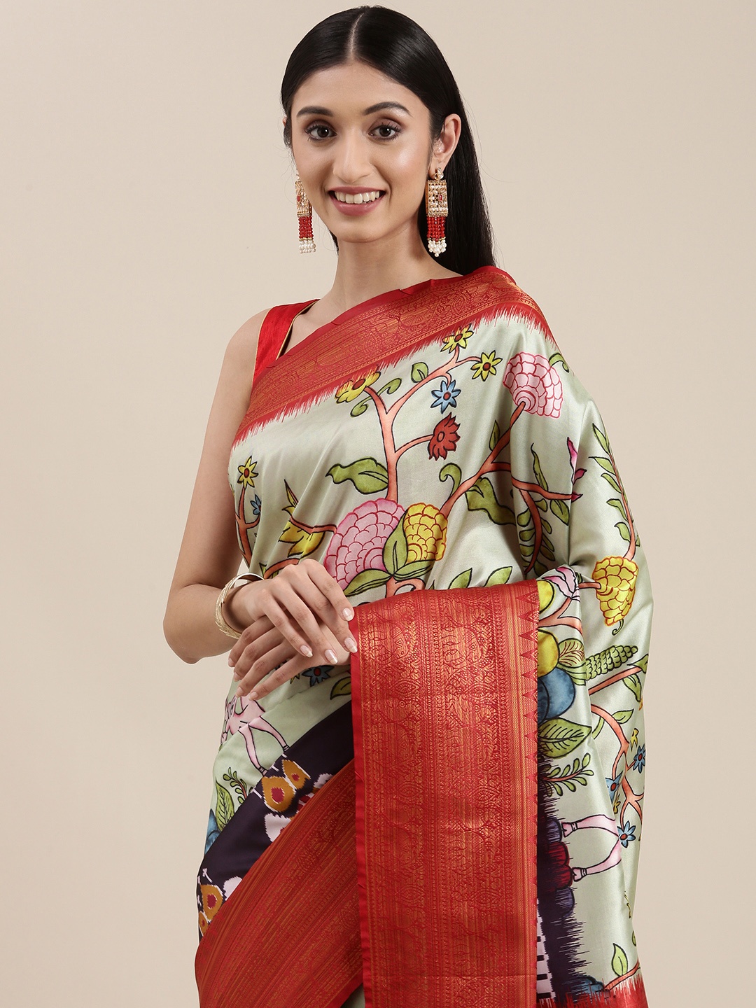 

VASTRANAND Green & Maroon Ethnic Motifs Zari Silk Blend Kanjeevaram Saree