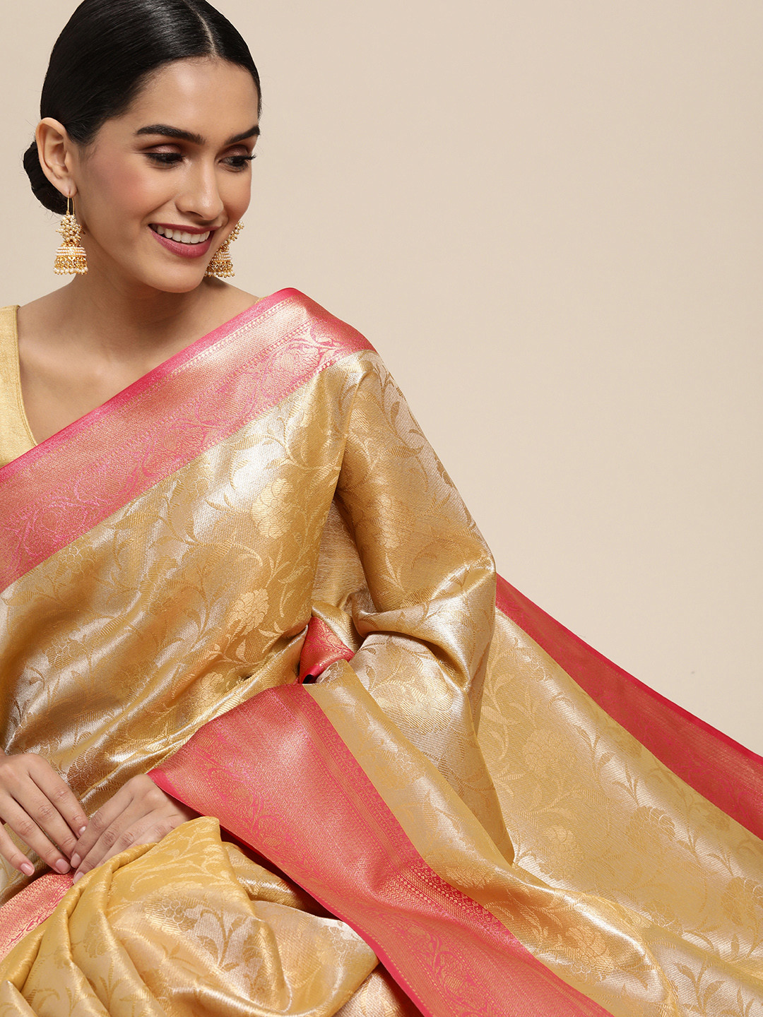 

Pothys Golden Jute Silk Woven Design Saree, Gold