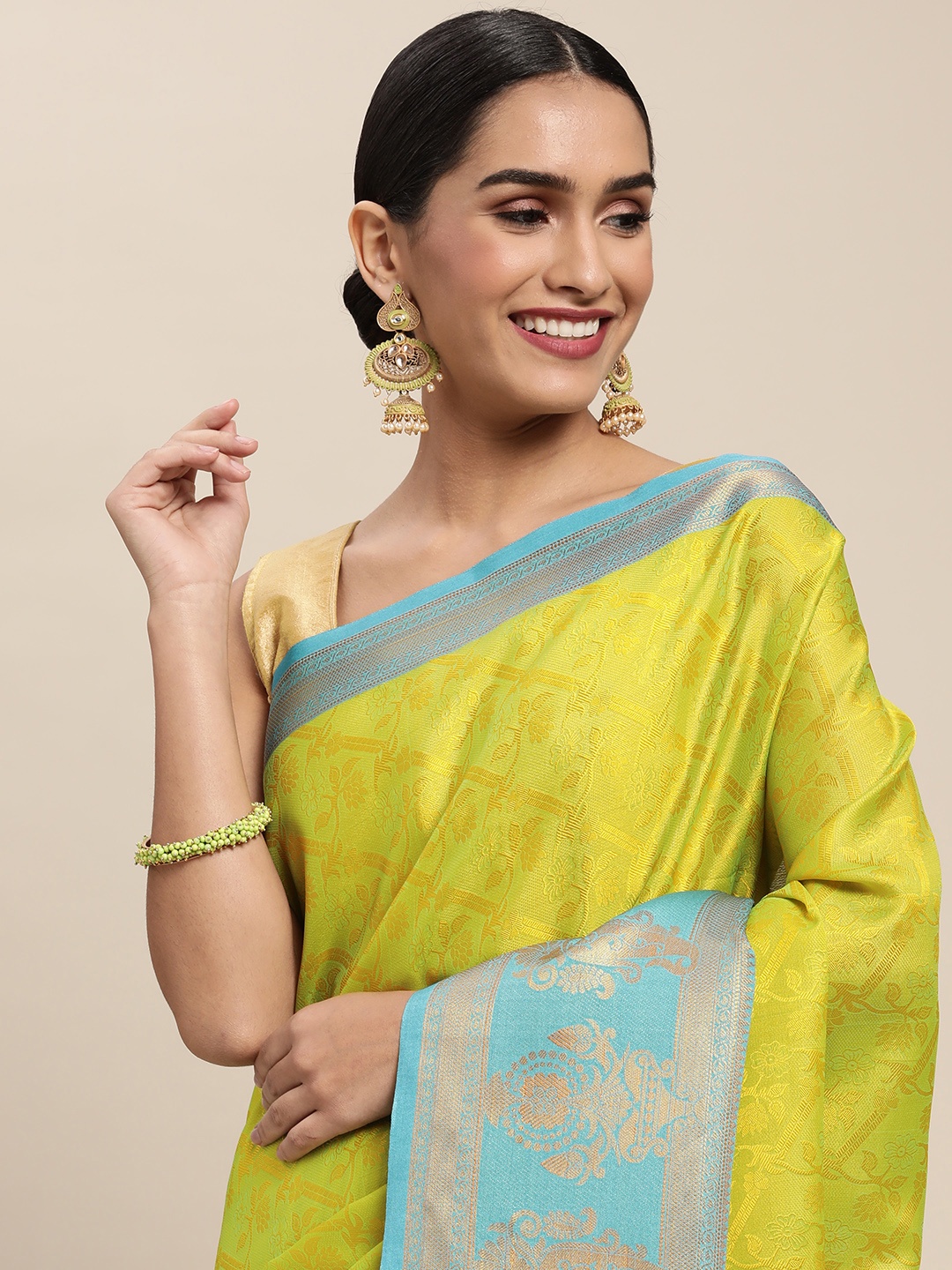 

Pothys Lime Green Jute Silk Woven Design Saree