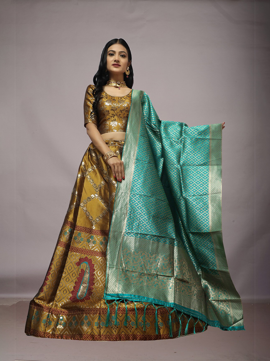 

Ekta Textiles Mustard & Blue Unstitched Lehenga & Semi-Stitched Blouse With Dupatta