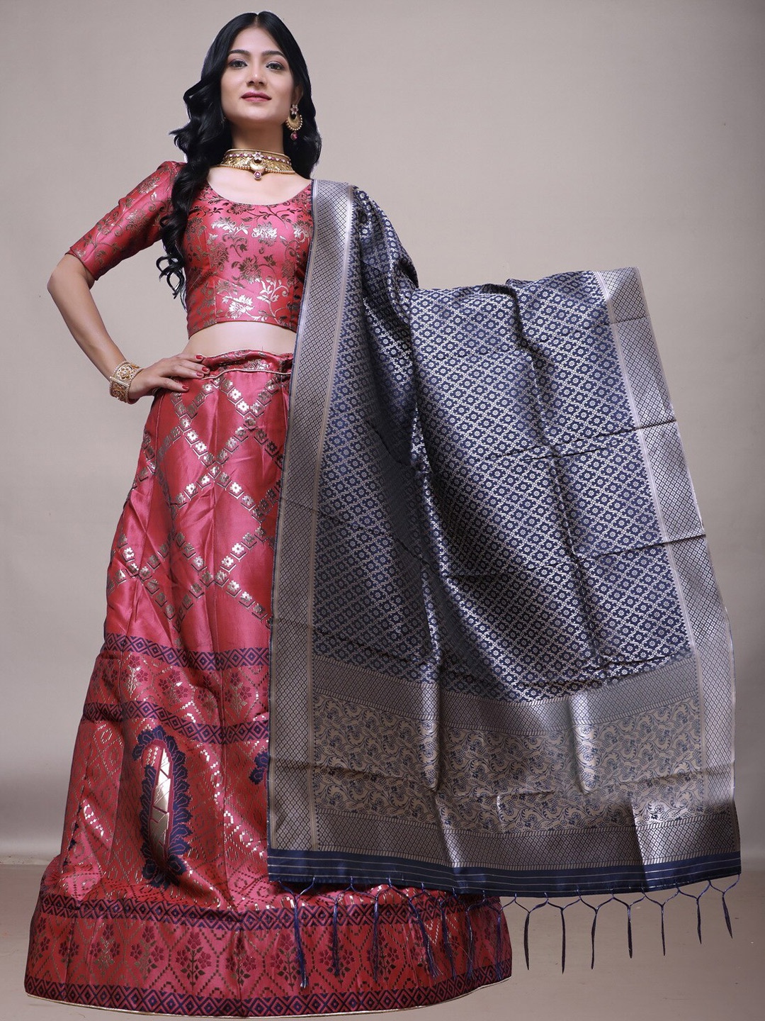 

Ekta Textiles Magenta & Blue Semi-Stitched Lehenga & Unstitched Blouse With Dupatta