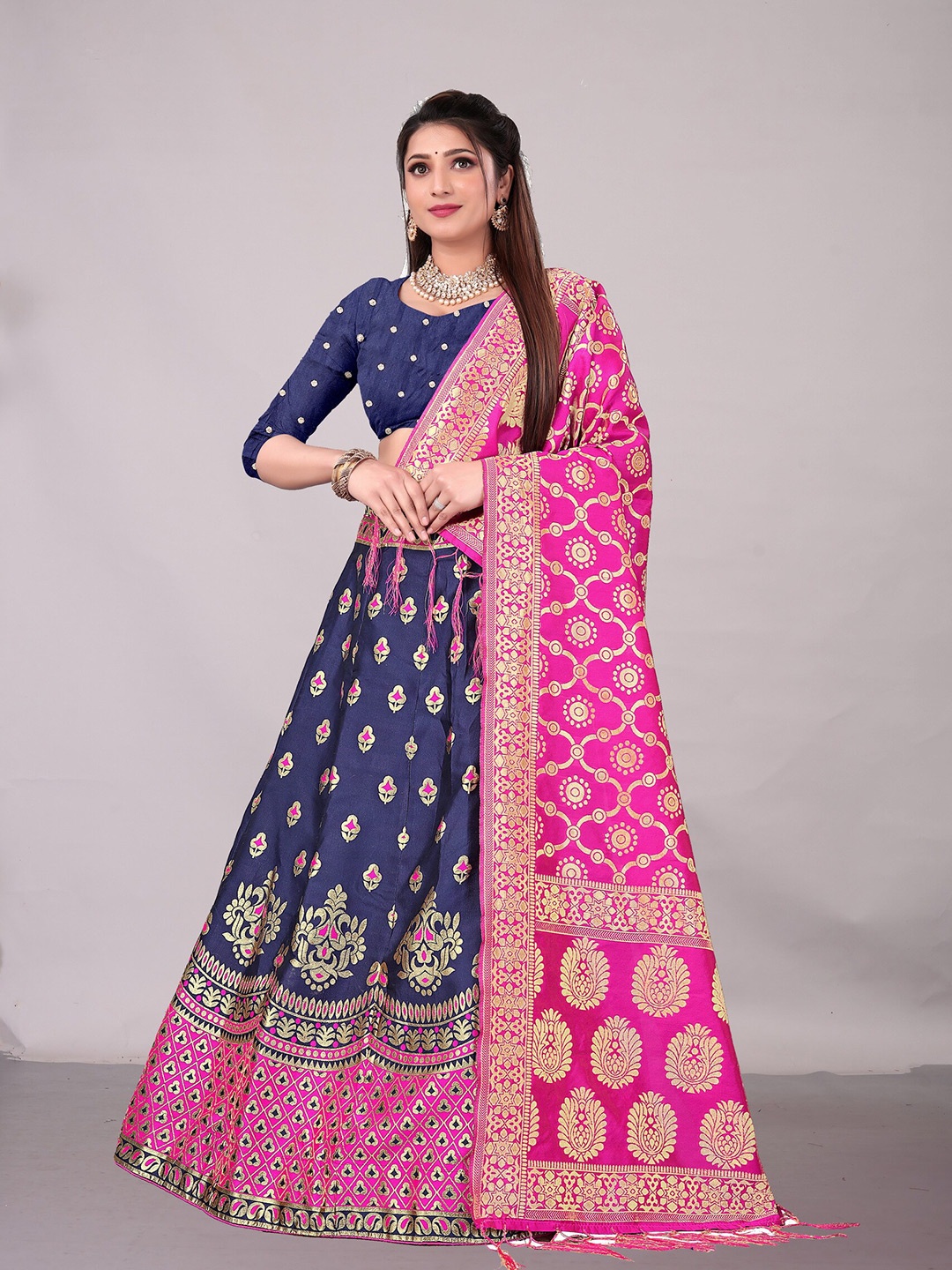 

Ekta Textiles Navy Blue & Pink Semi-Stitched Lehenga & Blouse With Dupatta