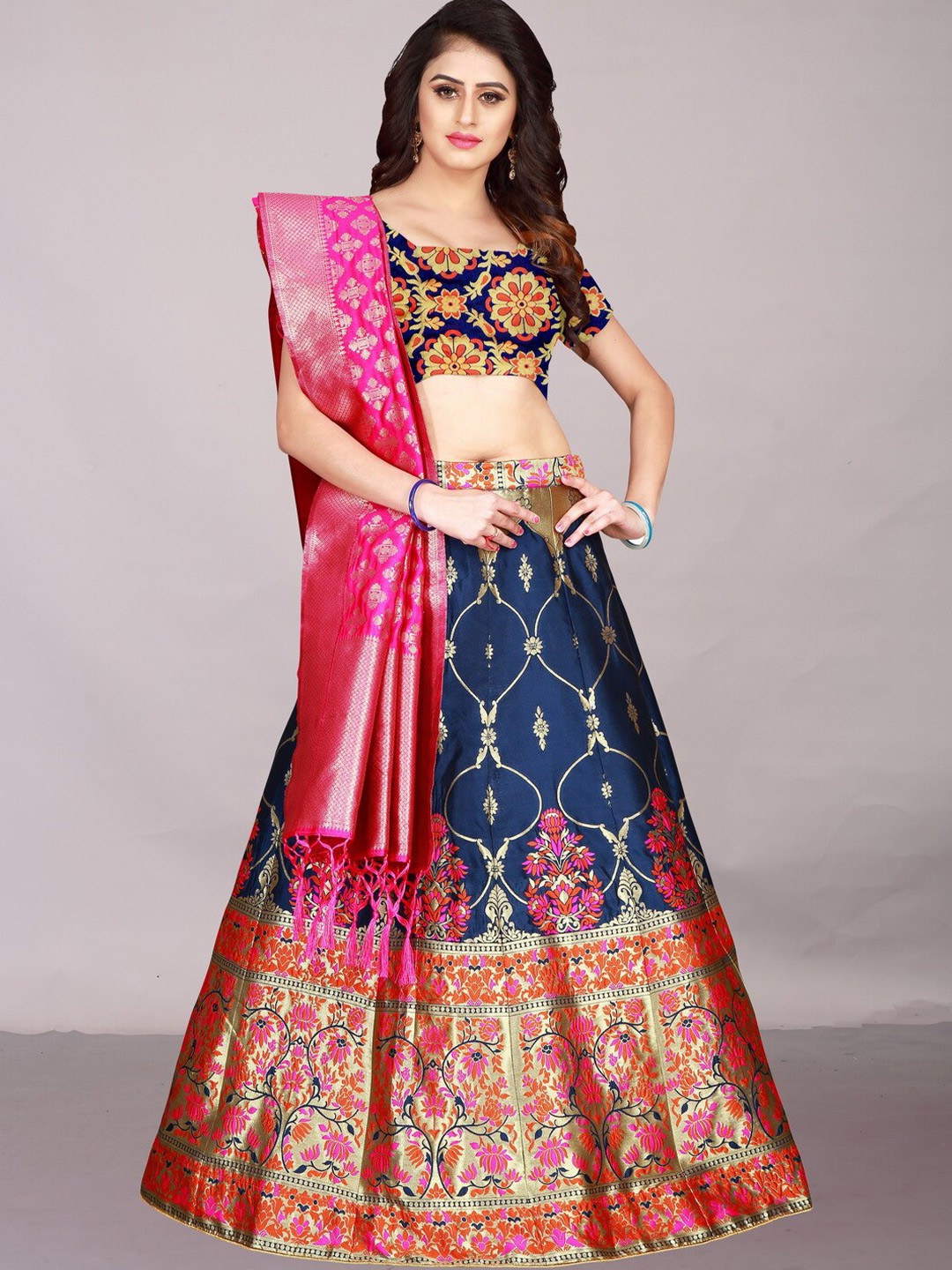 

Ekta Textiles Navy Blue & Pink Semi-Stitched Lehenga & Blouse With Dupatta