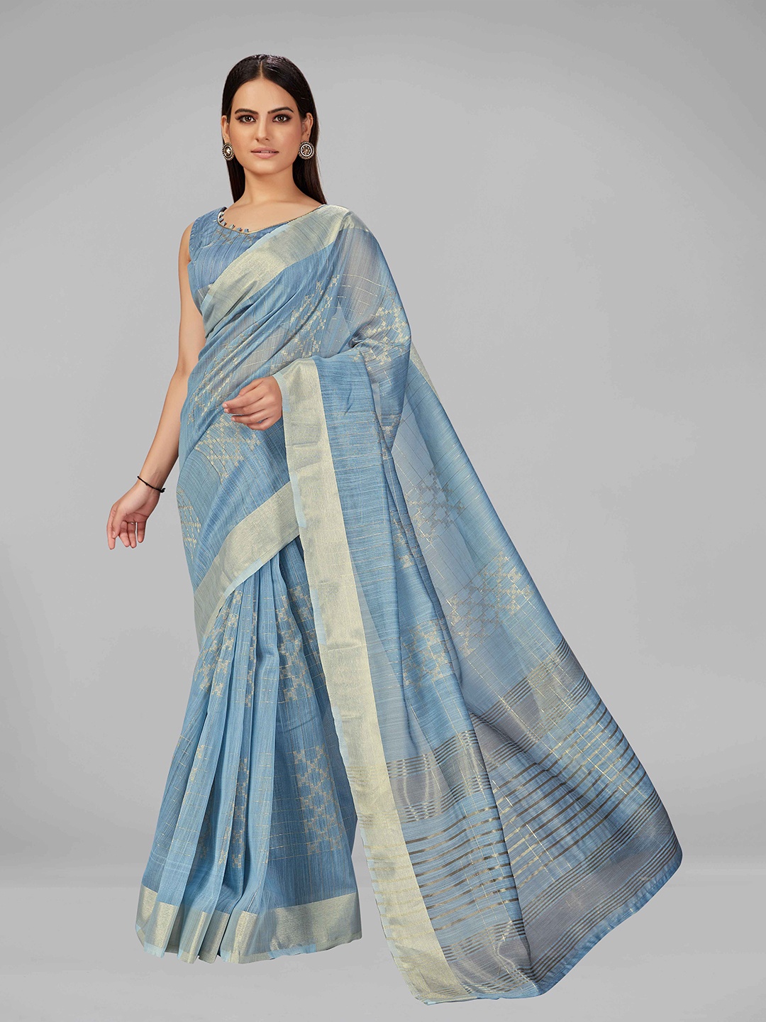 

MANOHARI Blue & Gold-Toned Woven Design Zari Silk Blend Saree