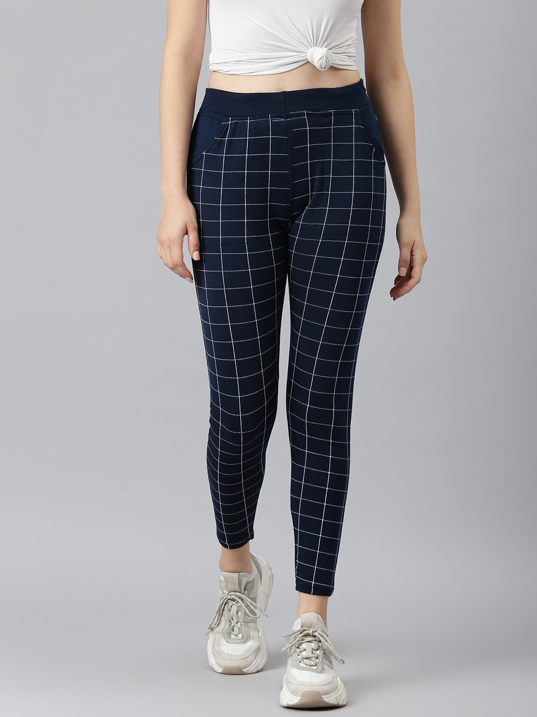 

Aarika Women Navy Blue & White Checked Woven Design Track Pants