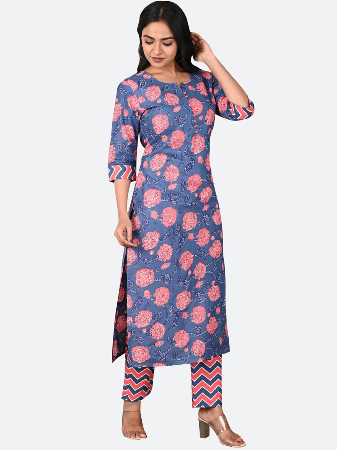 

KALINI Women Blue Floral Printed Kurta with Trousers