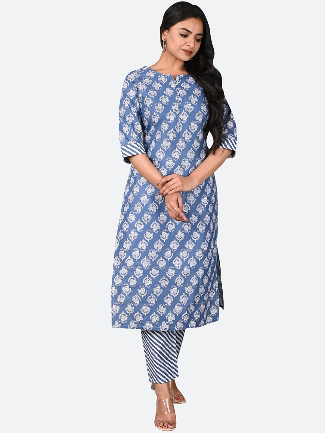 

KALINI Women Blue Floral Printed Kurta with Trousers