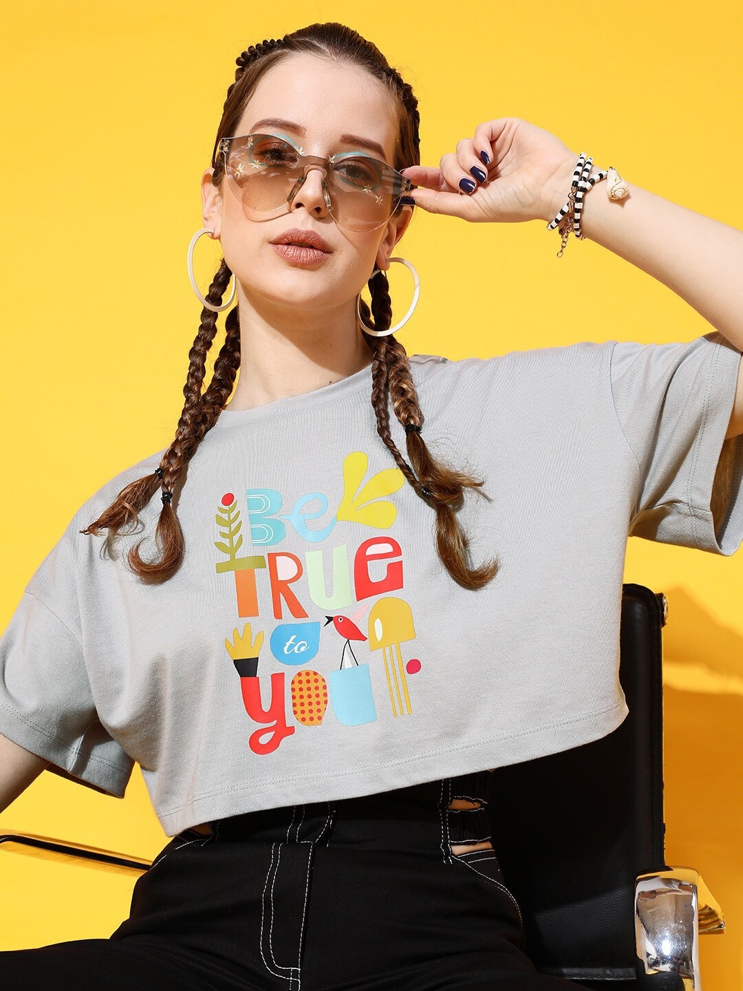 

STREET 9 Women Grey Printed Bio Finish Oversized Crop T-shirt