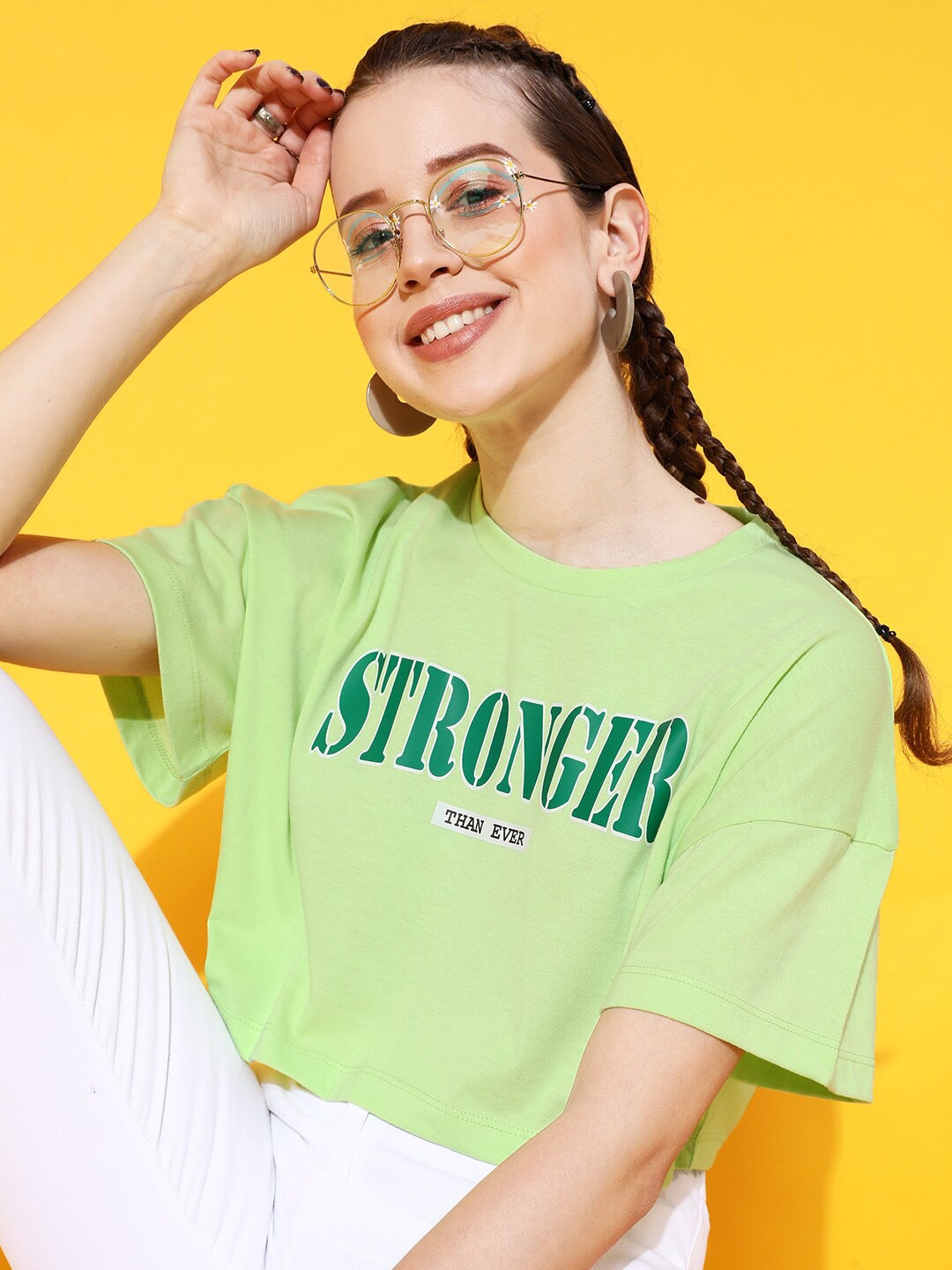 

STREET 9 Women Green Typography Printed Bio Finish Oversized T-shirt