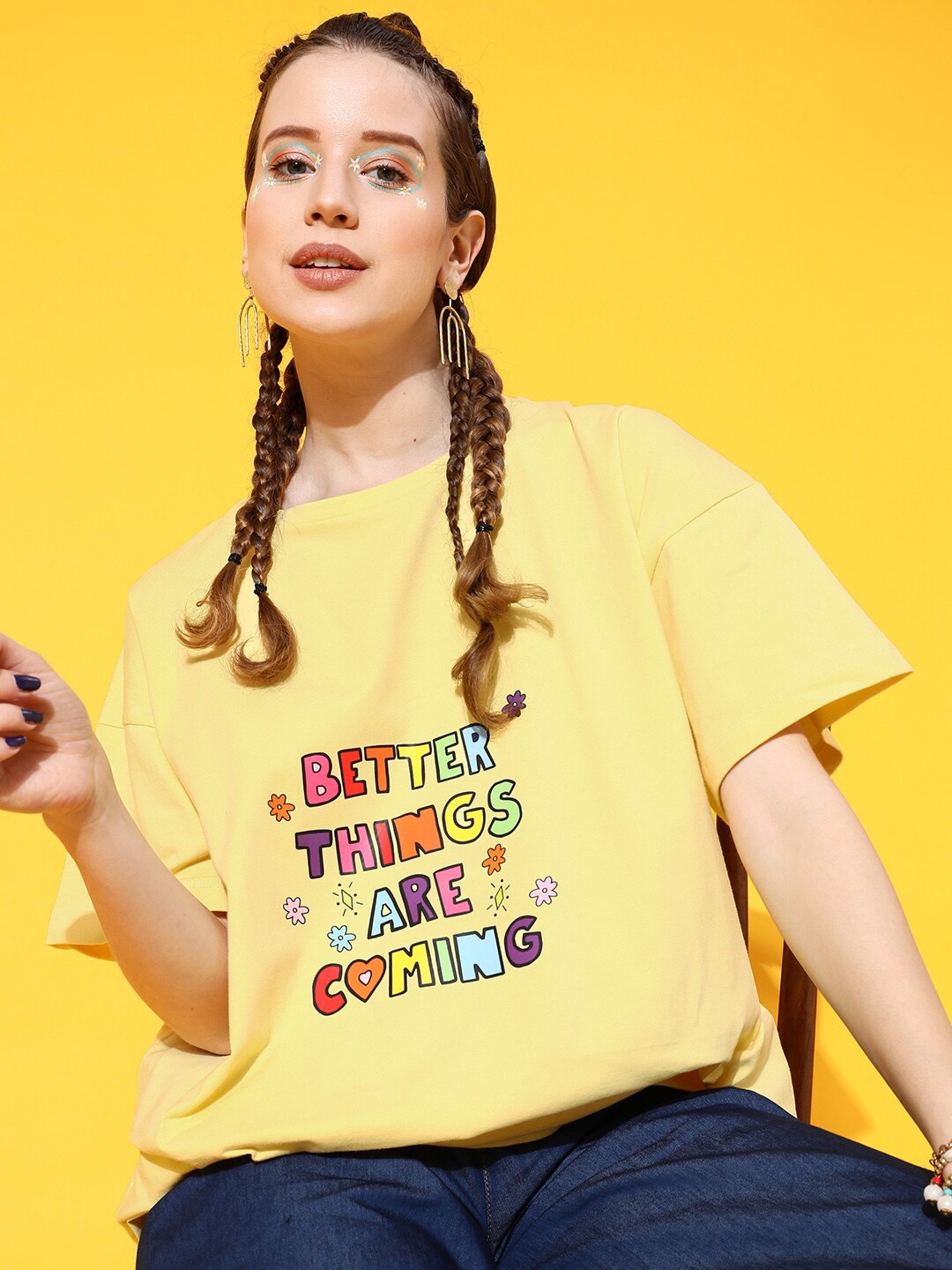 

STREET 9 Women Yellow Printed Cotton Drop-Shoulder Sleeves Bio Finish Oversized T-shirt