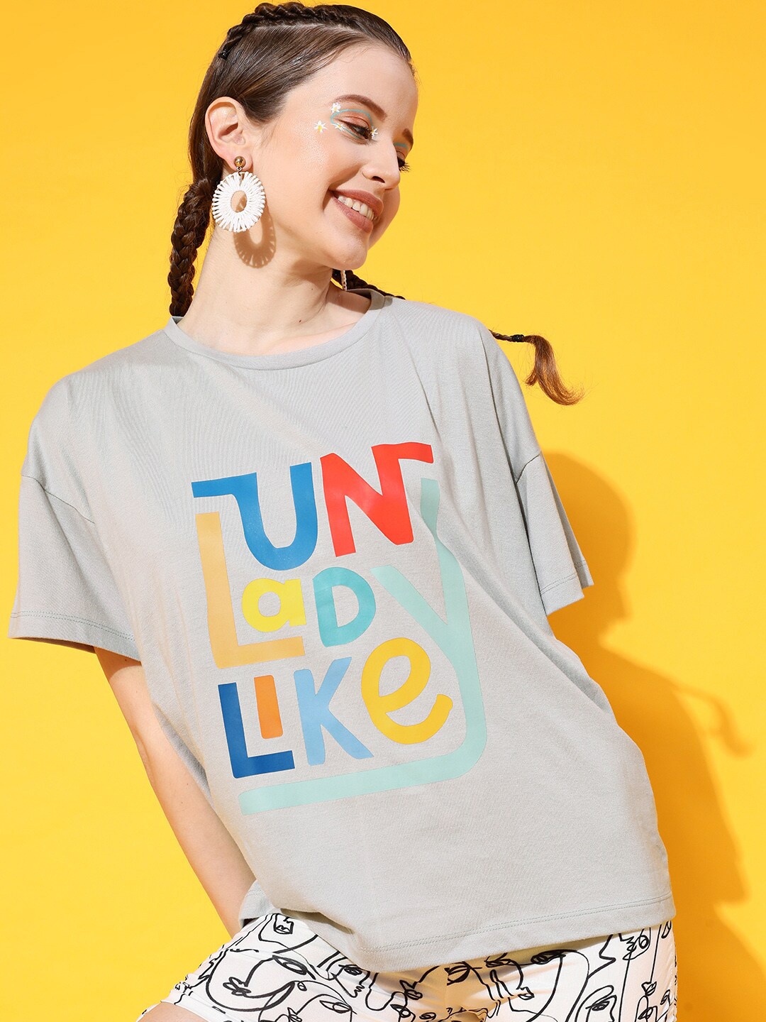 

STREET 9 Women Beautiful Grey Typography Printed Bio-Finish Tshirt