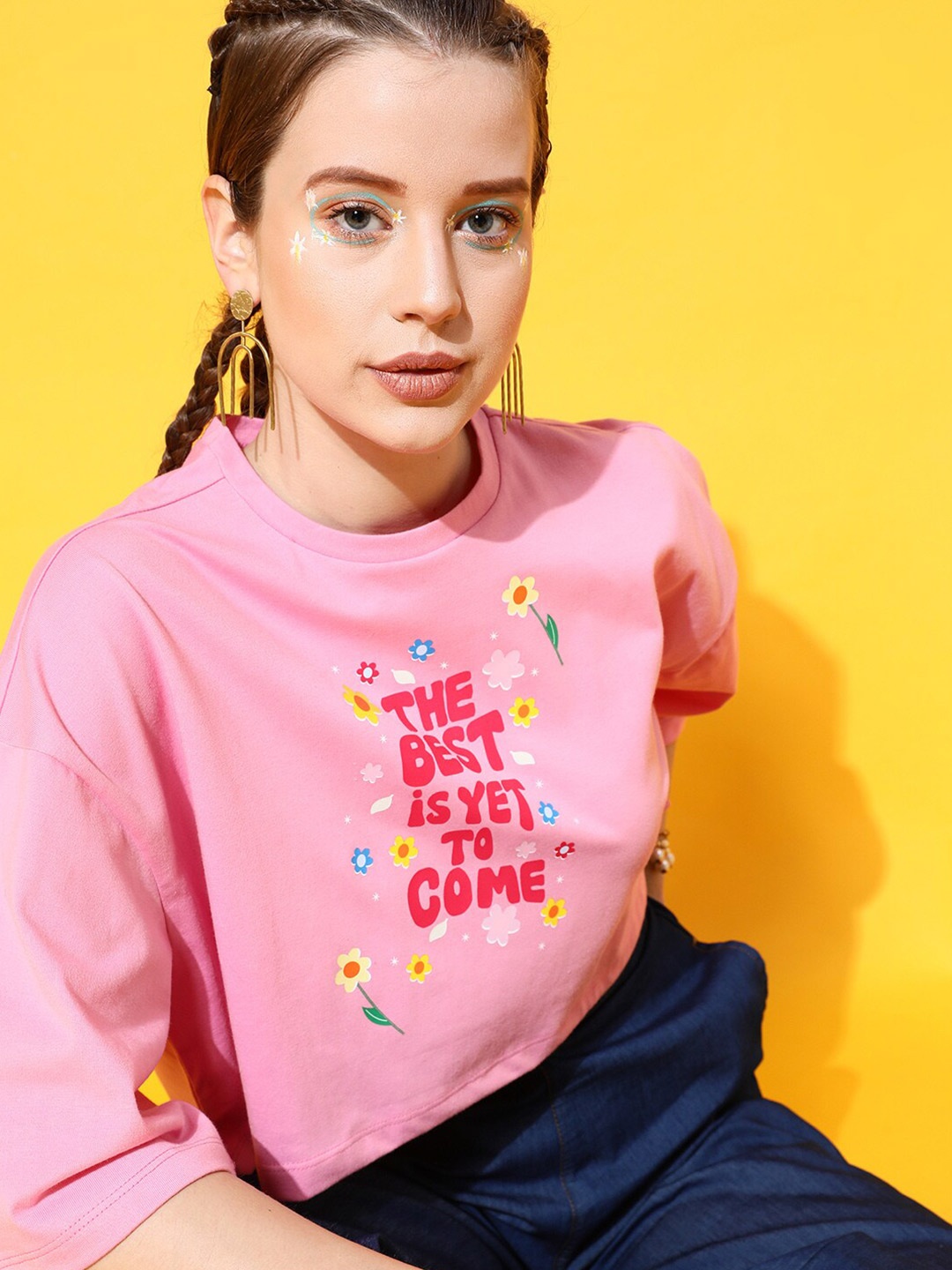 

STREET 9 Women Pink Typography Printed Bio Finish Pure Cotton Boxy Crop T-shirt