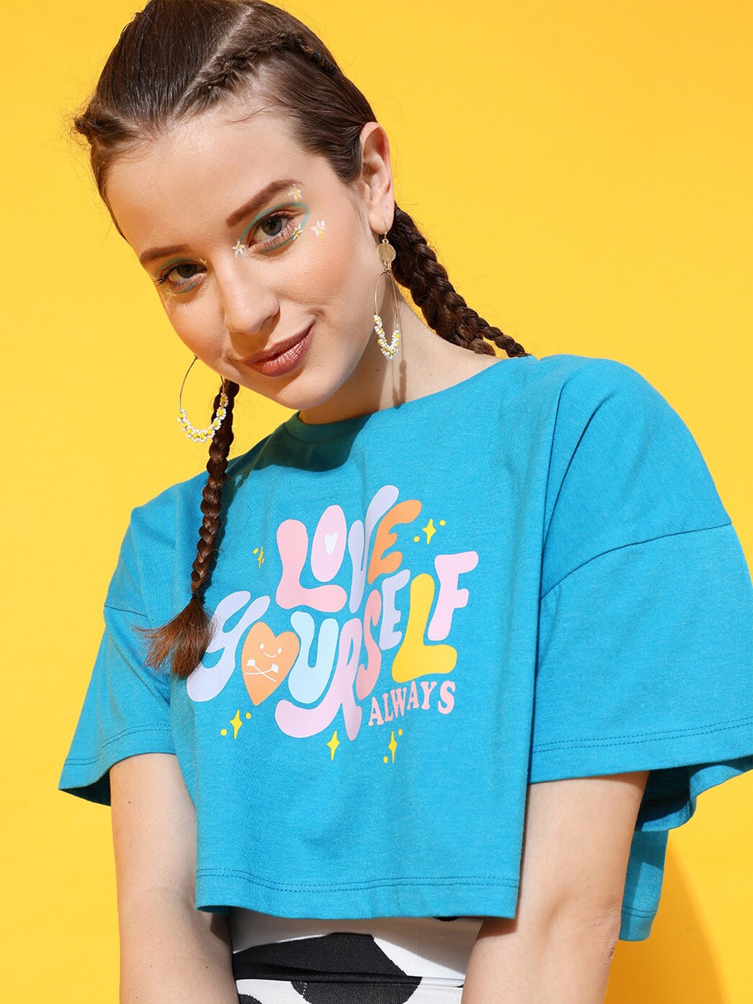 

STREET 9 Women Turquoise Blue Printed Crop Tshirt