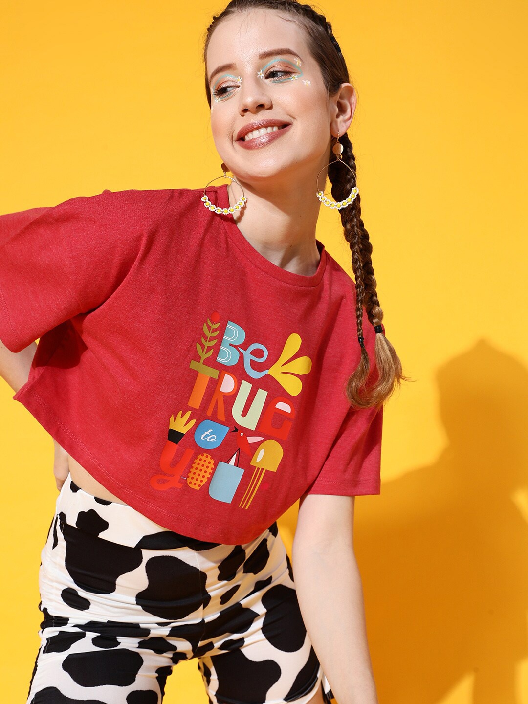 

STREET 9 Women Red Printed Extended Sleeves Bio Finish Oversized T-shirt