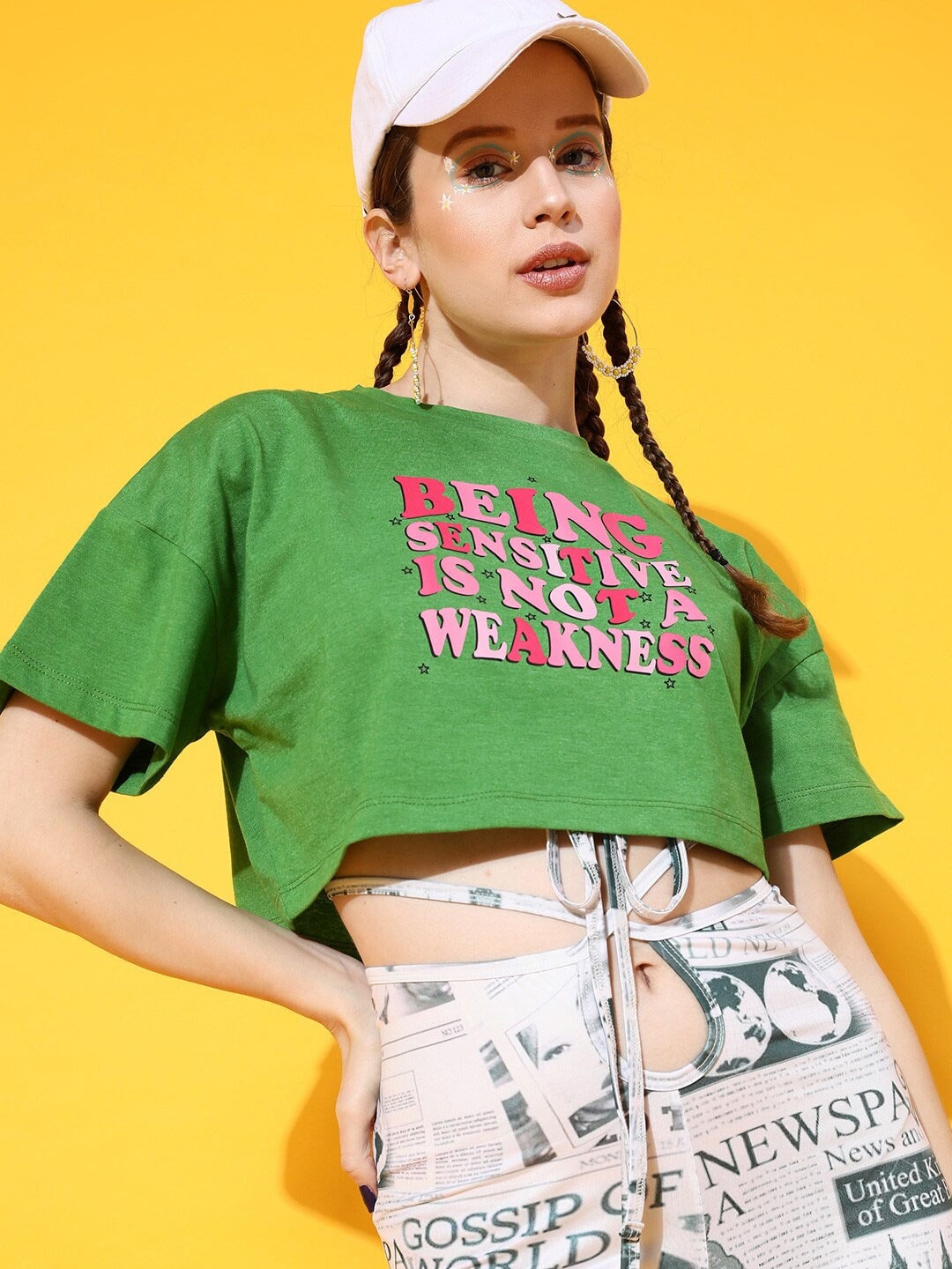 

STREET 9 Women Green Printed Drop-Shoulder Sleeves Bio Finish Applique Oversized Crop T-shirt