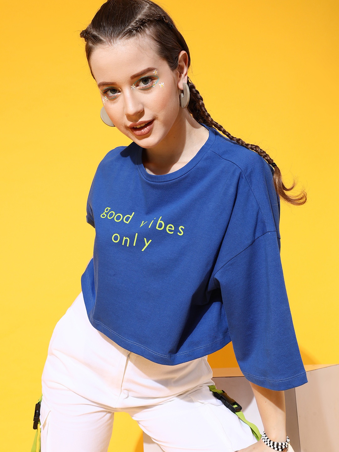 

STREET 9 Women Blue Typography Printed Drop-Shoulder Sleeves Bio Finish Boxy T-shirt