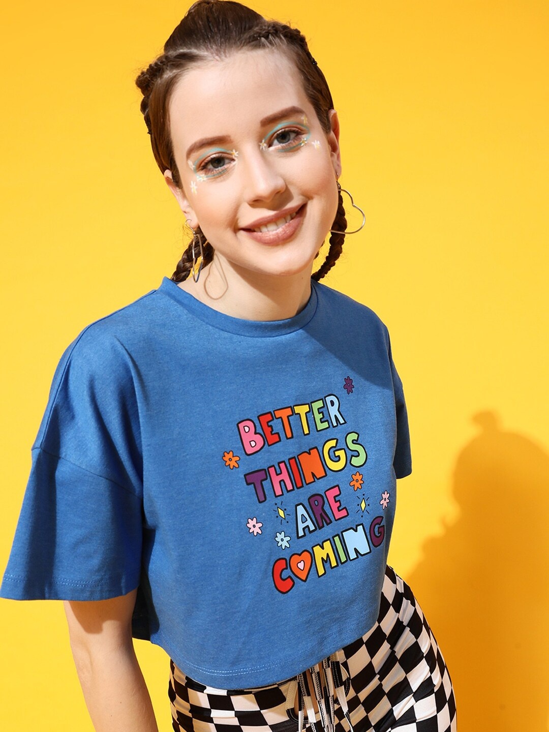 

STREET 9 Women Blue Typography Printed Oversized Crop T-shirt