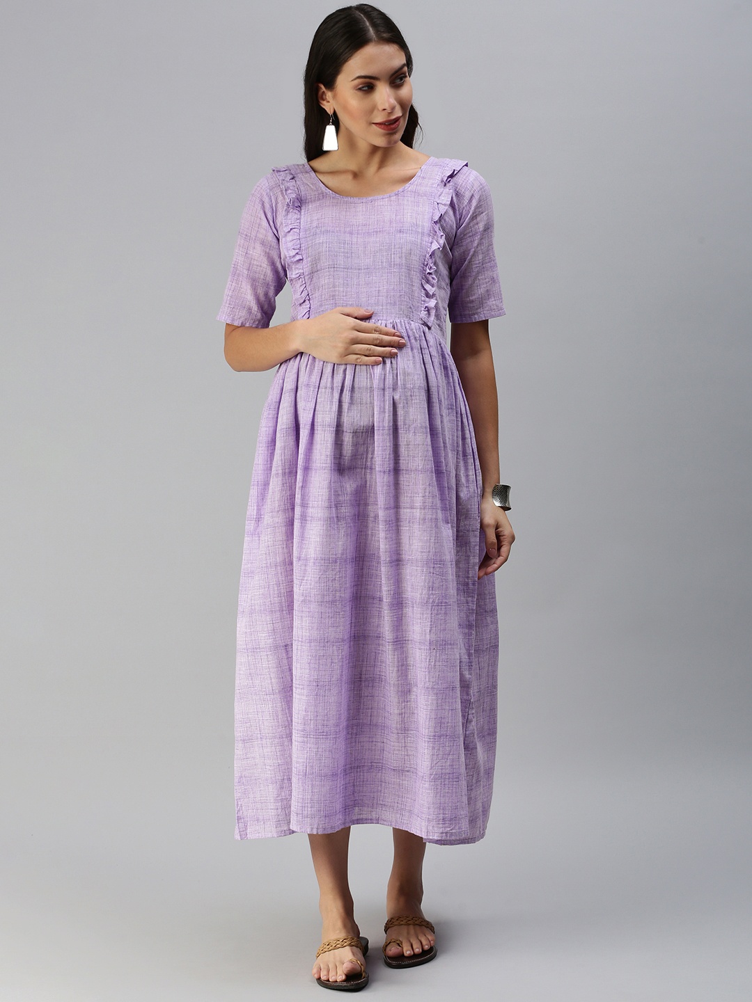 

Swishchick Lavender Woven Design Handloom Maternity A-Line Midi Dress