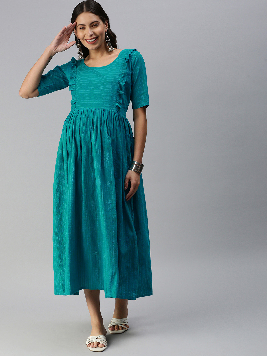 

Swishchick Blue Woven Design Handloom Maternity A-Line Midi Dress