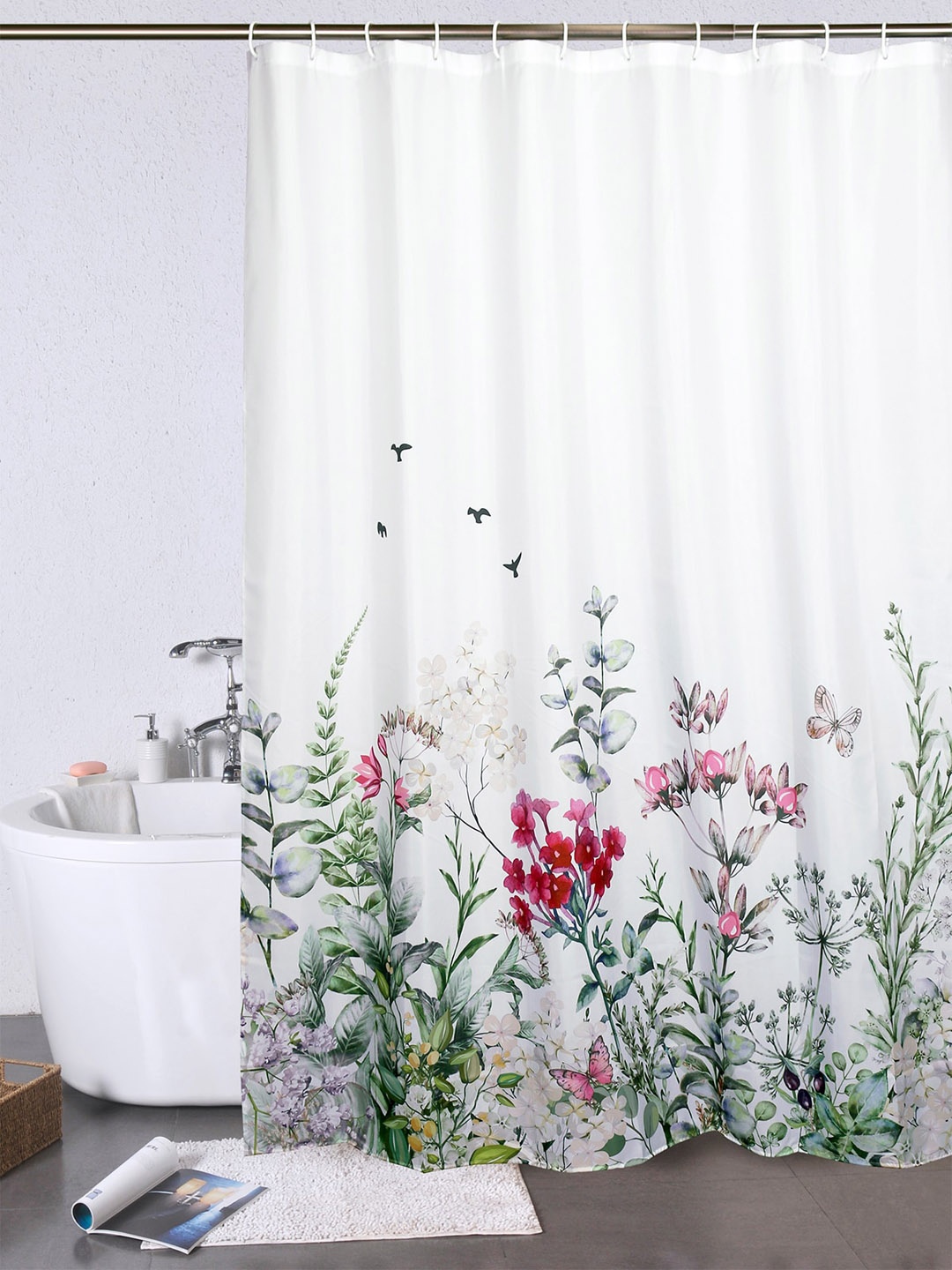 

OBSESSIONS Pink Printed Water Repellent Shower Curtain With 12 Hooks
