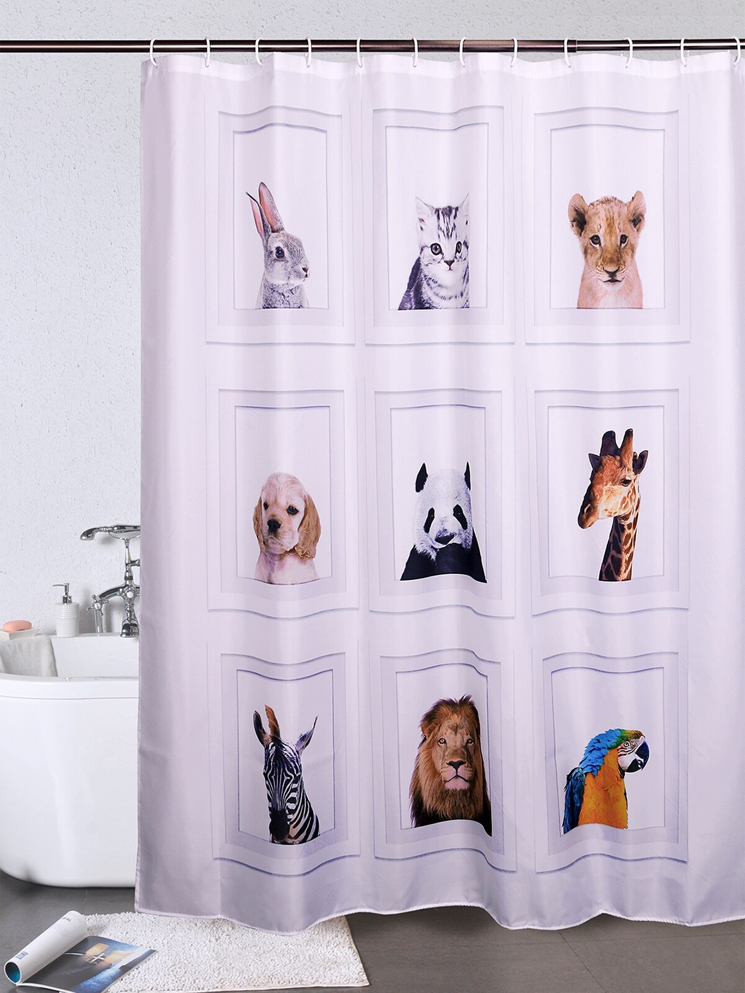 

OBSESSIONS White Printed Water Repellent Shower Curtain With 12 Hooks, Black