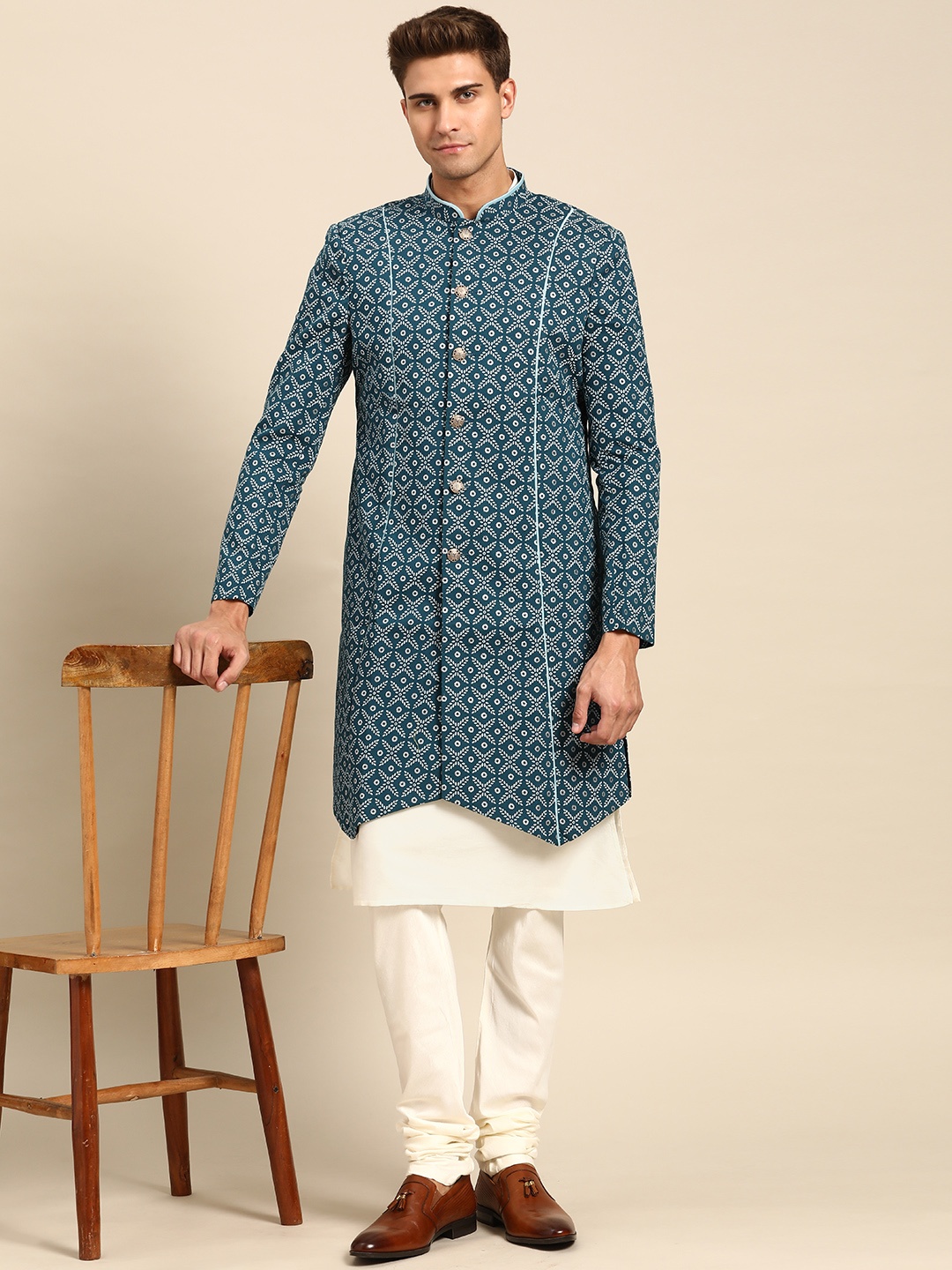 

KISAH Men Navy Blue & Off-White Printed Kurta Indowestern Sherwani Set