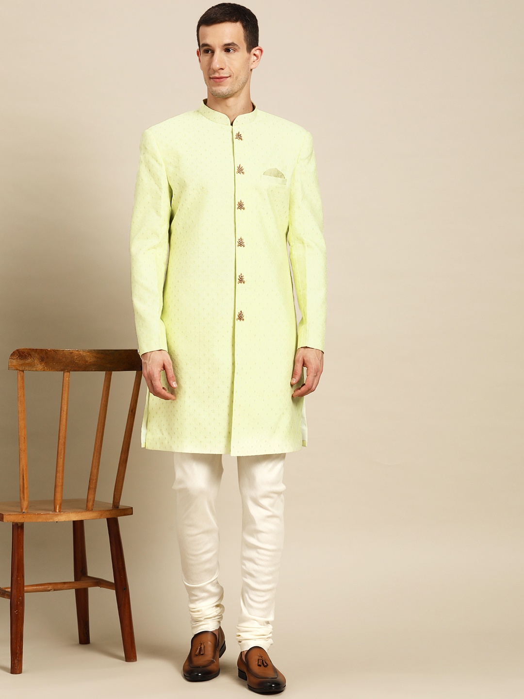 

KISAH Men Self Design Indowestern Sherwani Set, Lime green