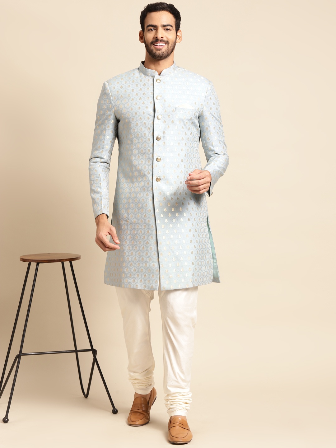 

KISAH Men Indowestern Sherwani & Churidar Set, Turquoise blue