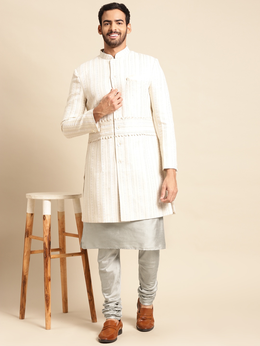 

KISAH Men Cotton Kurta & Indowestern Sherwani with Churidar Set, Cream