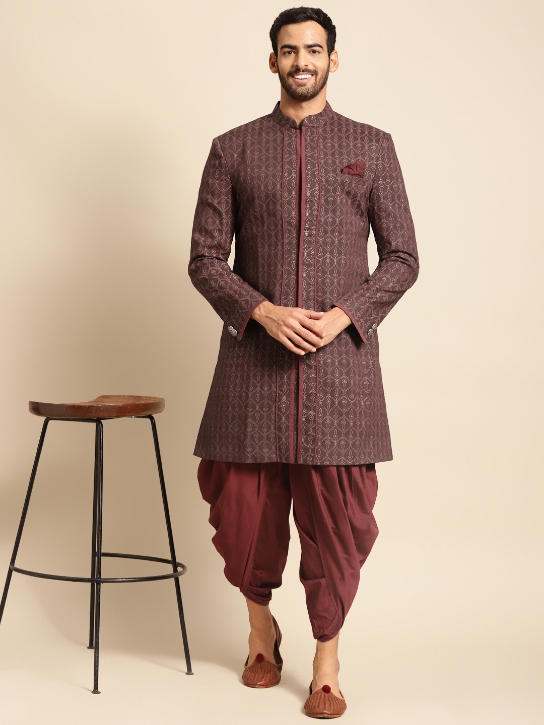 

KISAH Men Printed Indowestern Sherwani & Dhoti Pant Set, Maroon