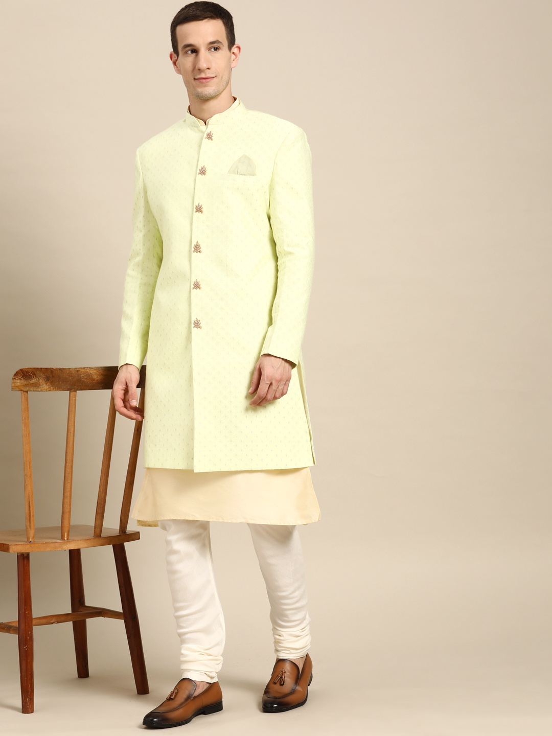 

KISAH Men Cotton Kurta & Indowestern Sherwani with Churidar Set, Yellow