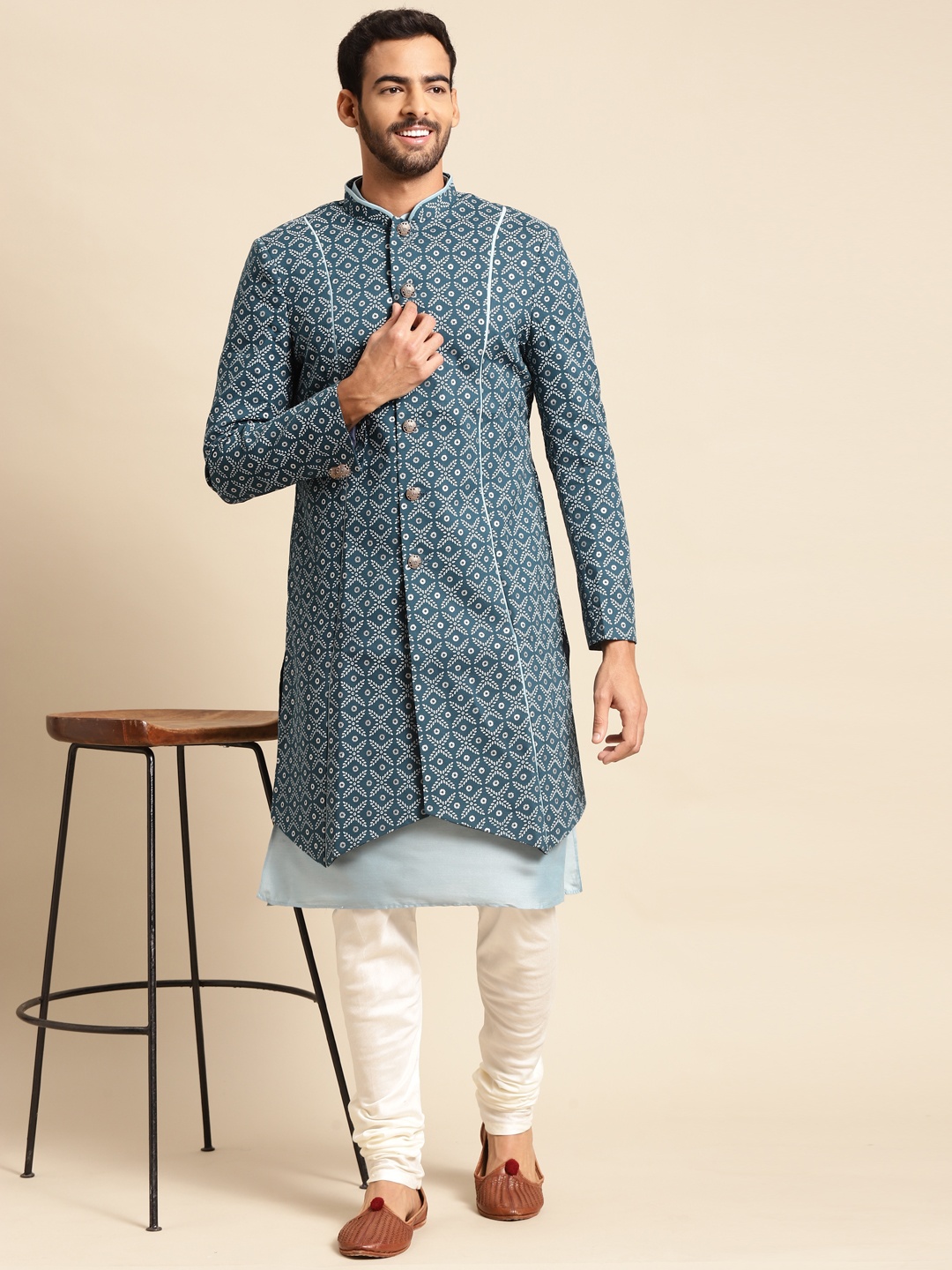 

KISAH Men Navy Blue & Off White Printed Indowestern Sherwani Set