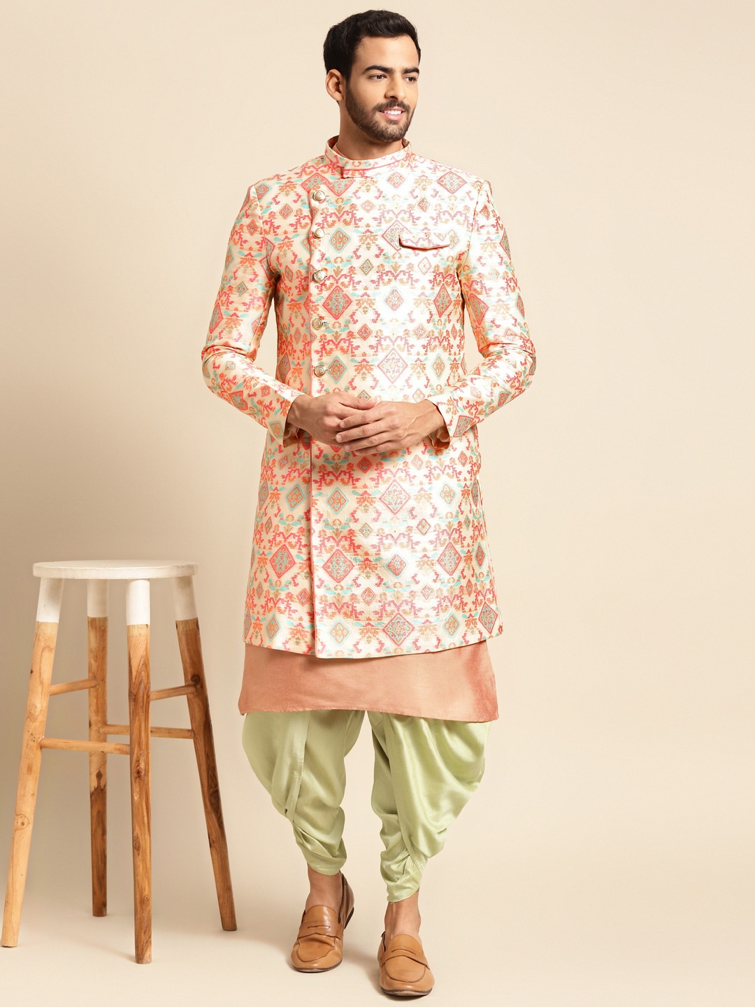 

KISAH Men Kurta Indowestern Sherwani Set, Peach