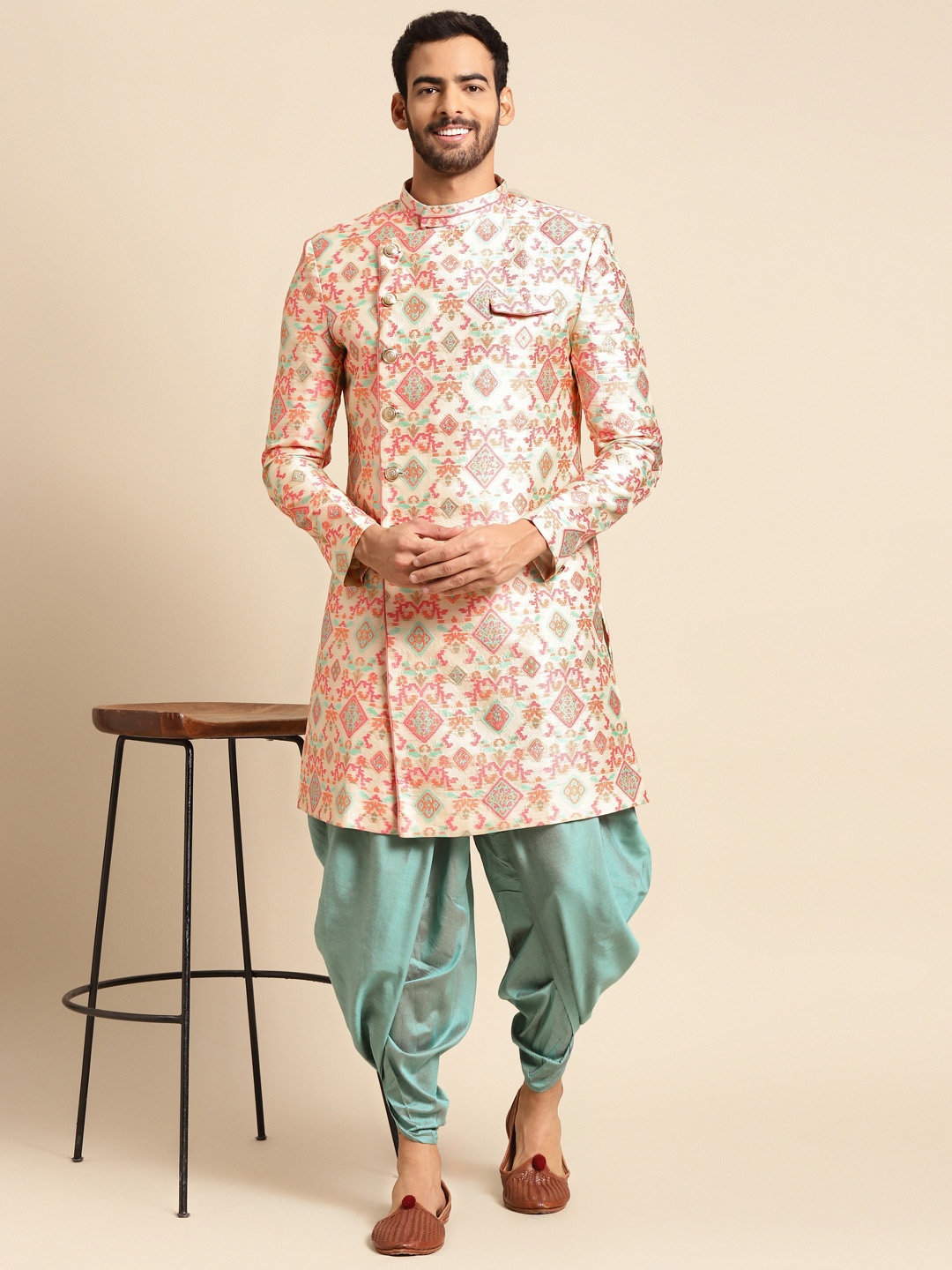 

KISAH Men Woven Design Indowestern Sherwani & Dhoti Pant Set, Off white