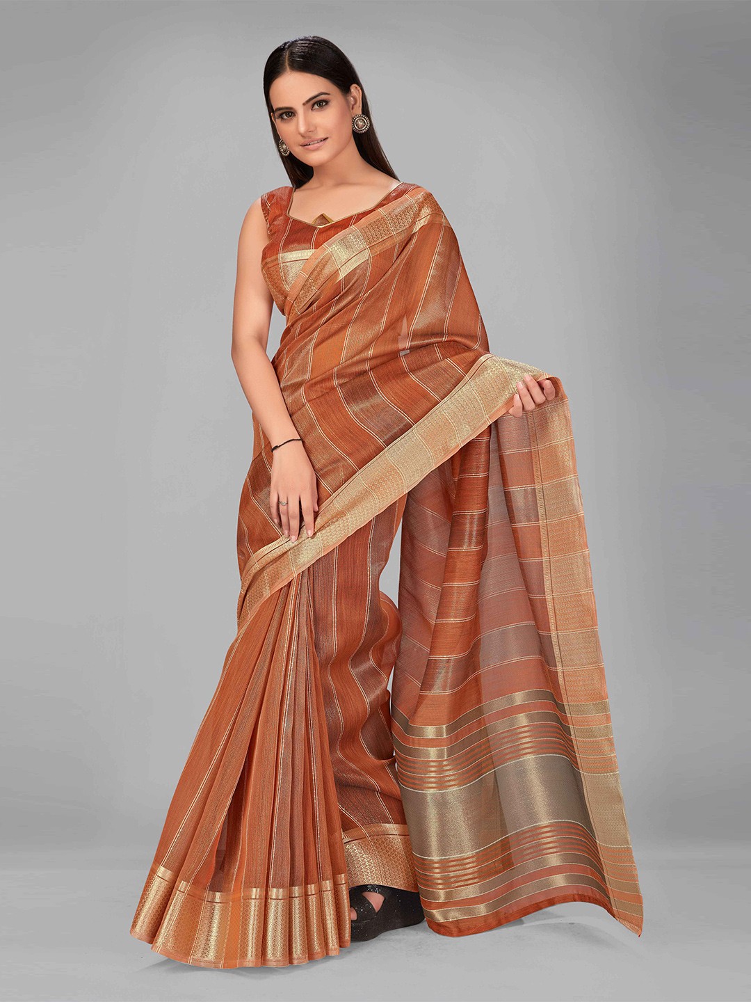 

MANOHARI Brown & Golden Striped Zari Silk Blend Saree