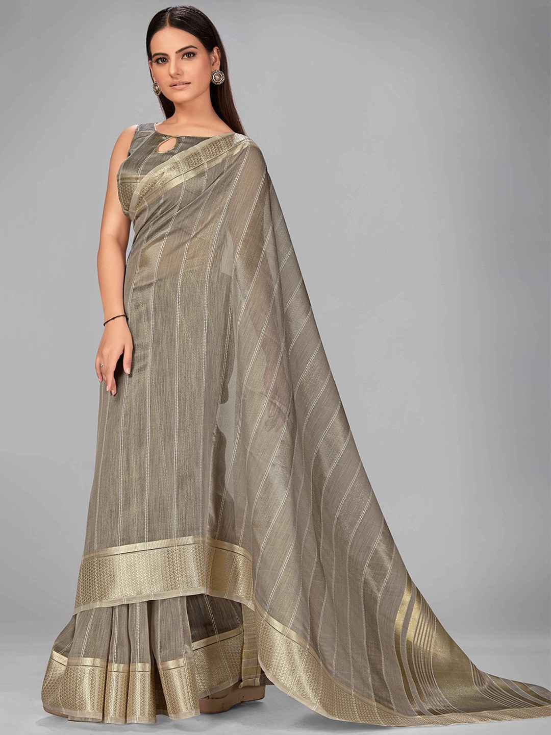 

MANOHARI Grey & Golden Striped Zari Silk Blend Saree