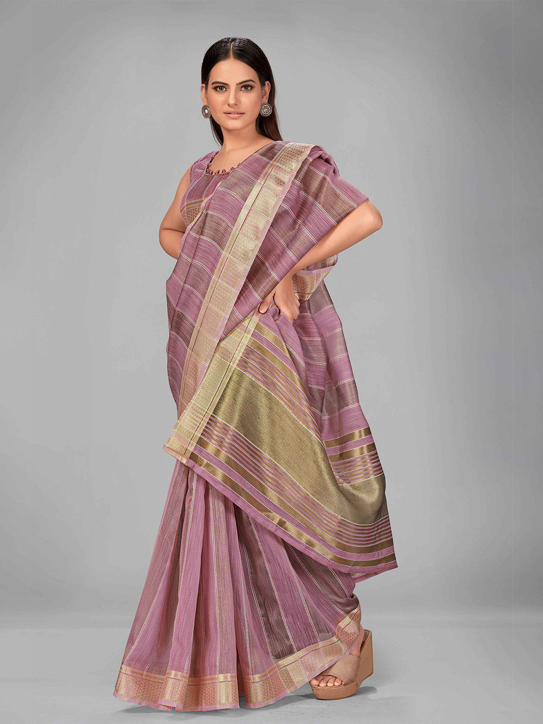 

MANOHARI Purple & Golden Striped Zari Silk Blend Saree