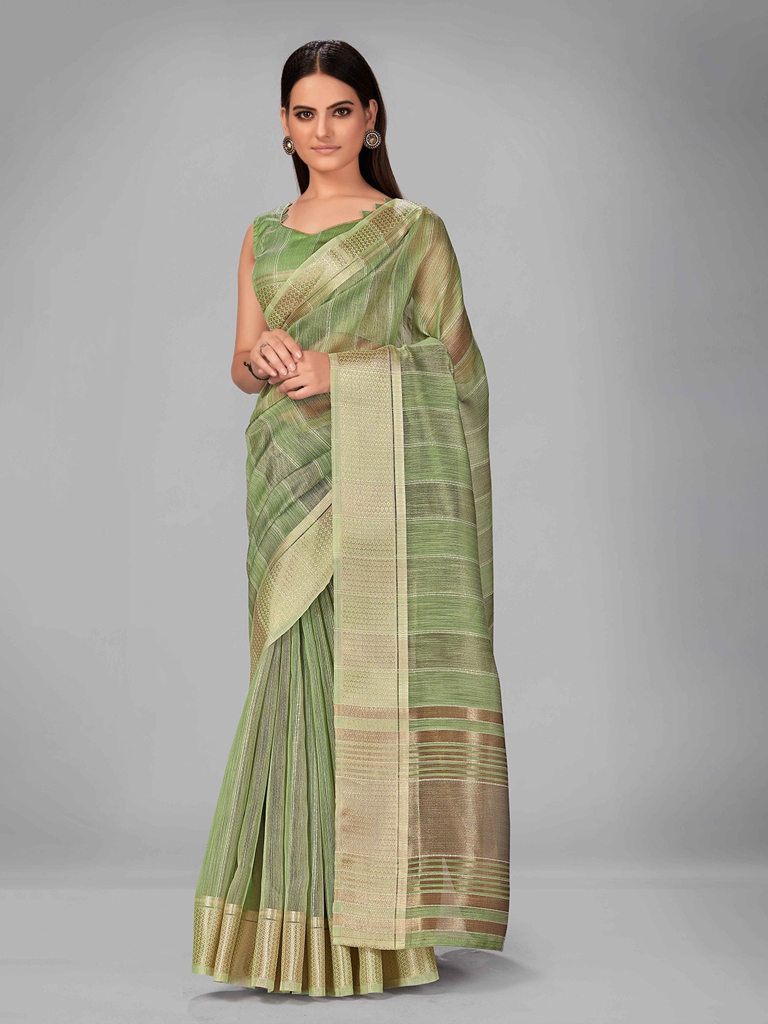 

MANOHARI Green Striped Zari Silk Blend Saree