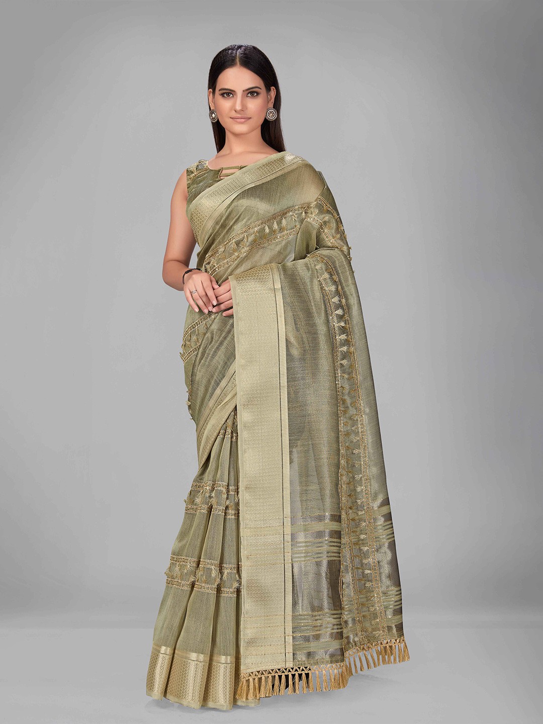 

MANOHARI Beige & Golden Striped Zari Silk Blend Saree