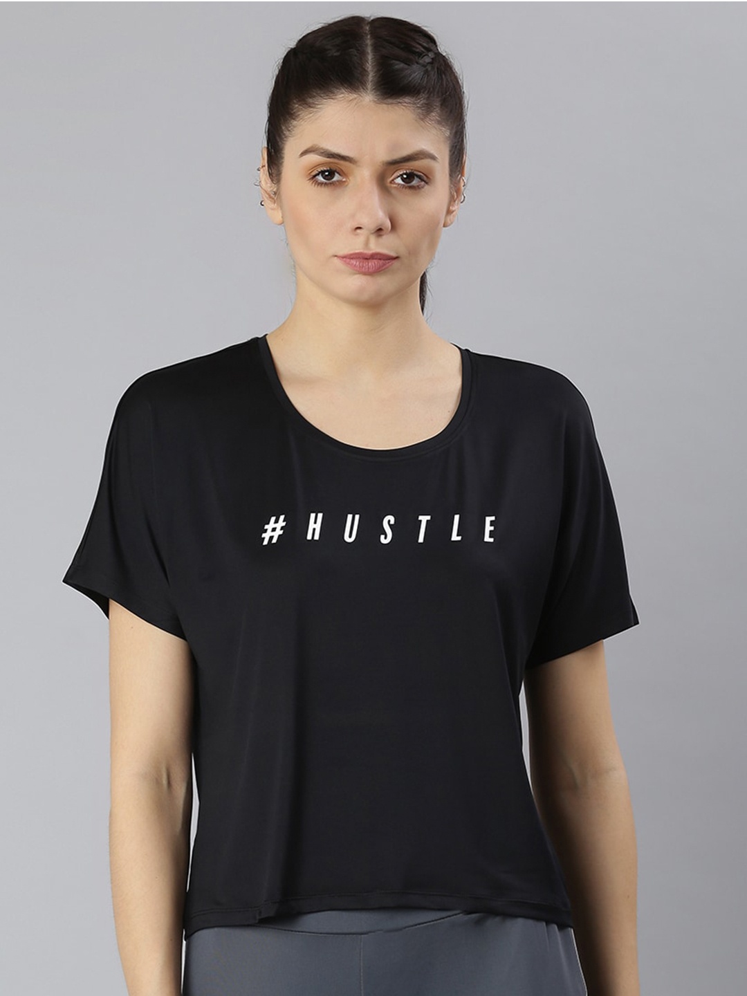 

MKH Women Black Typography Printed Dri-FIT Applique Yoga Sports T-shirt