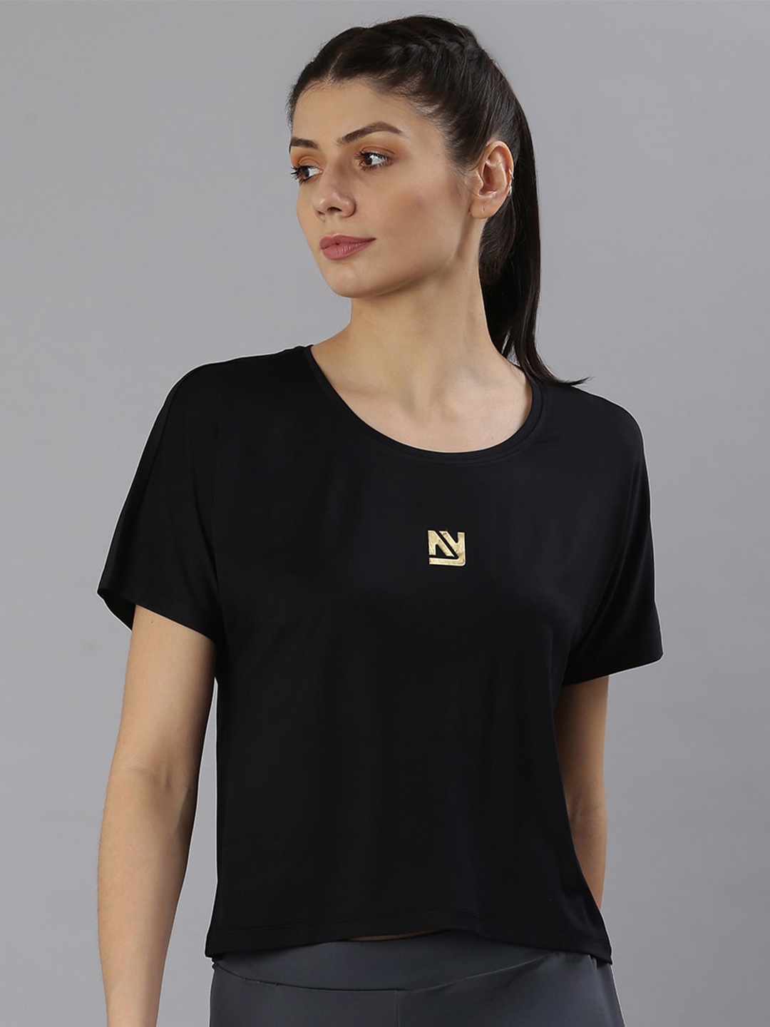 

MKH Women Black Typography Dri-FIT Applique T-shirt