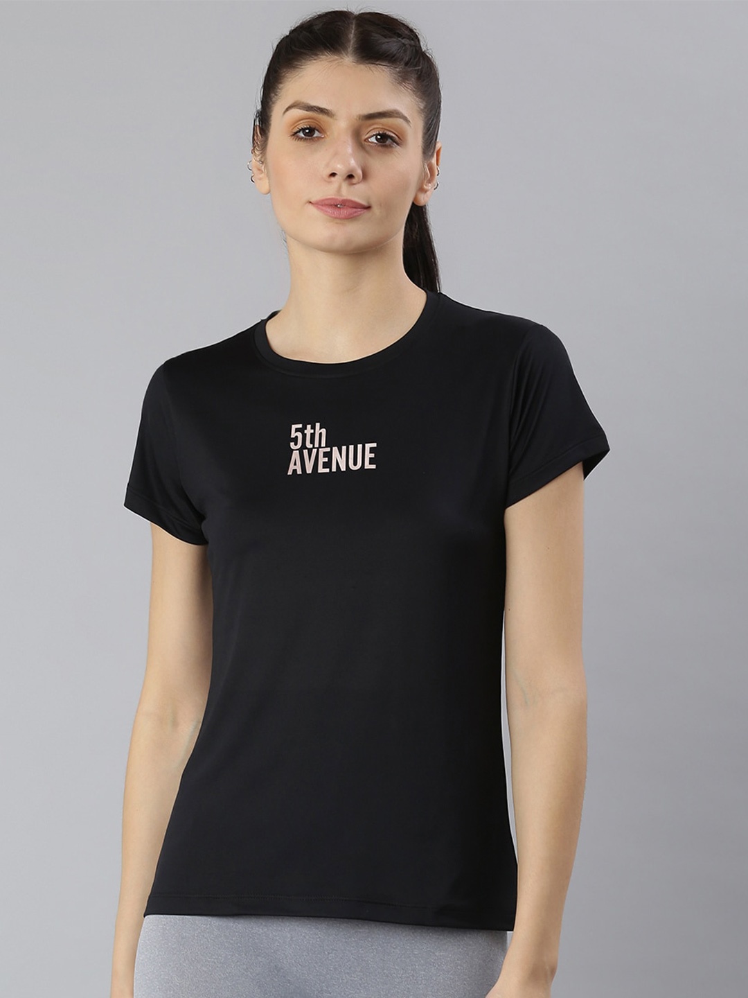MKH Women Black Typography Printed Dri-FIT Sports T-shirt