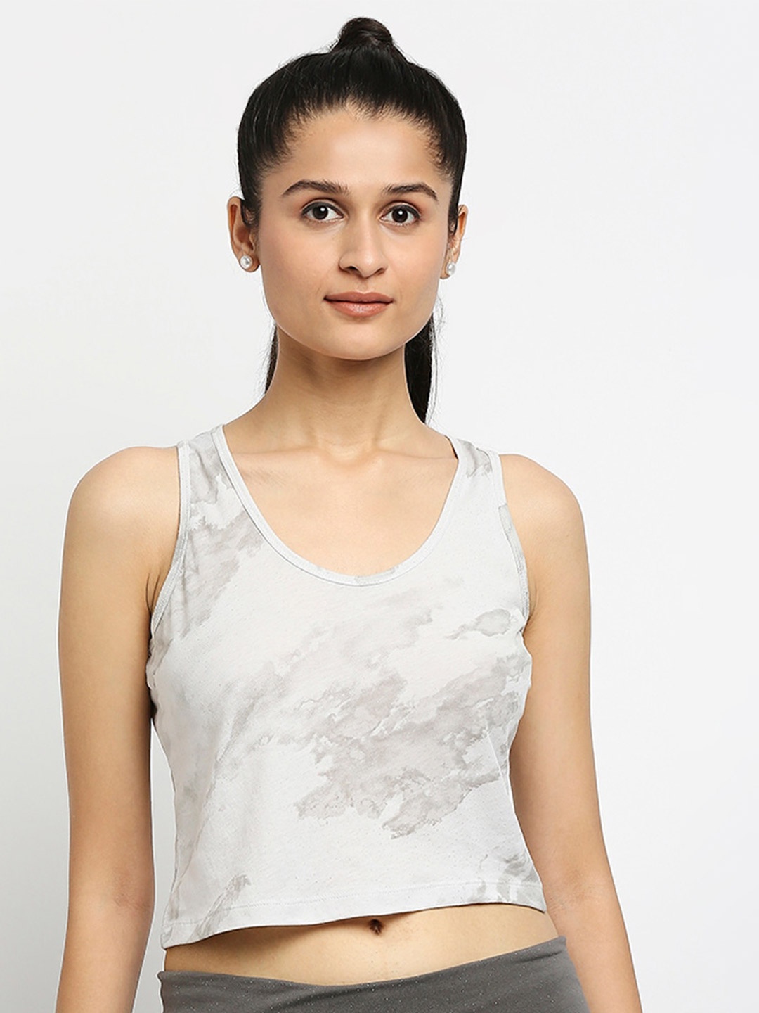 

effy Women Grey Printed Scoop Neck Organic Cotton Regular Crop Top