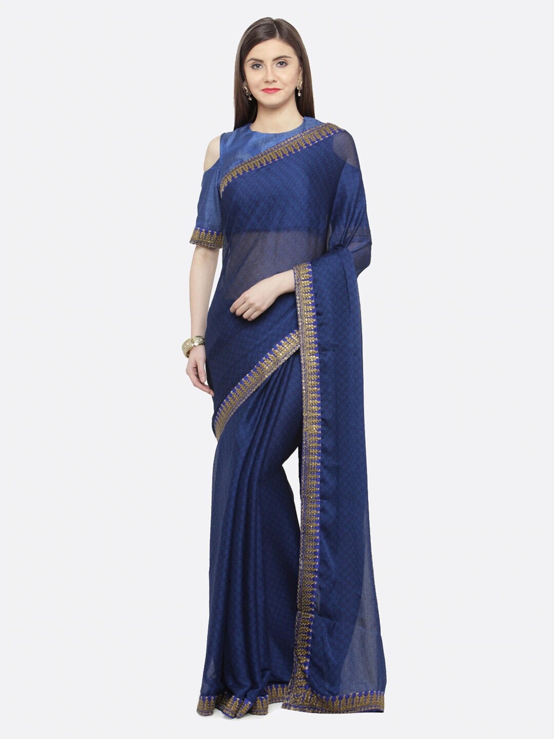 

Shaily Blue & Gold-Toned Printed Pure Georgette Saree